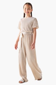 Juniors Pleated Jumpsuit with Puff Sleeves
