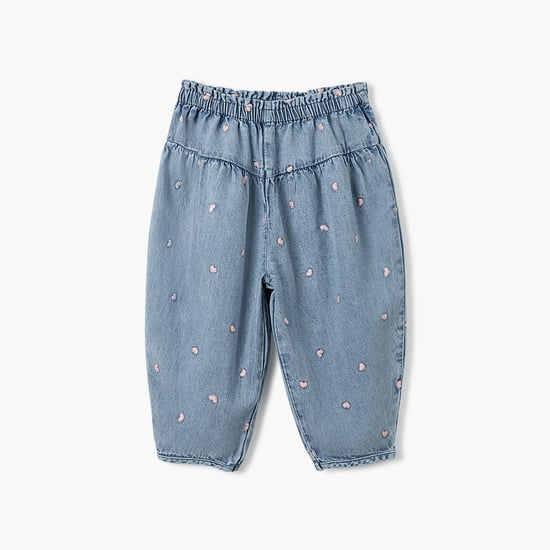 Juniors All-Over Heart Embroidered Denim Pants with Elasticated Waistband