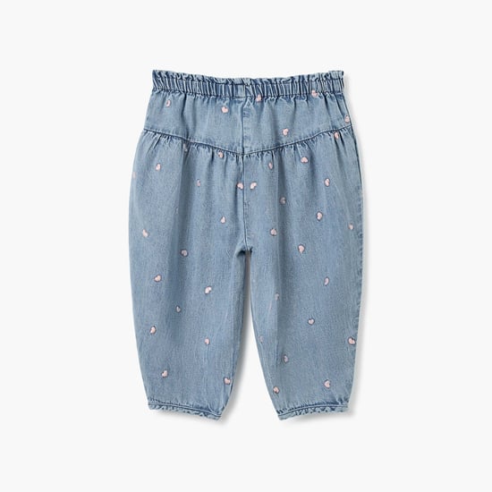 Juniors All-Over Heart Embroidered Denim Pants with Elasticated Waistband
