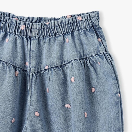 Juniors All-Over Heart Embroidered Denim Pants with Elasticated Waistband