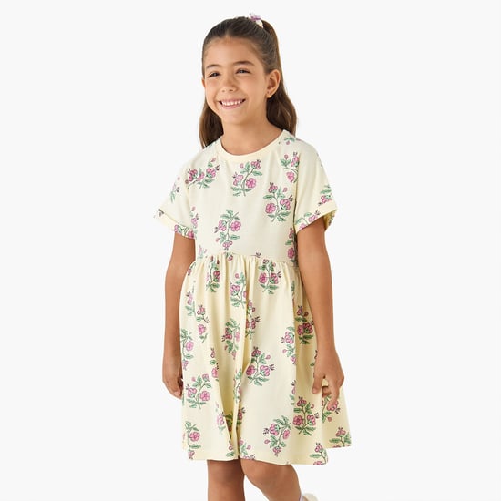 Juniors Floral Print A-line Dress with Round Neck and Raglan Sleeves