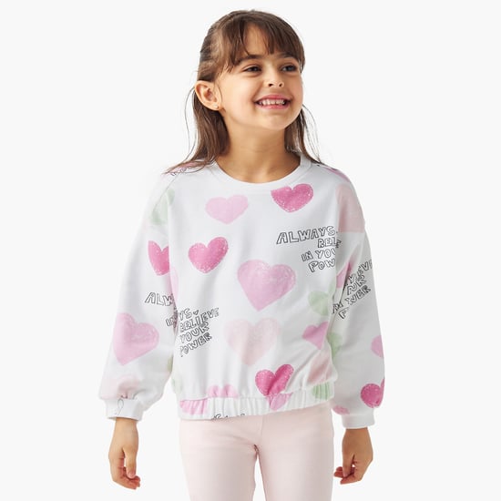 Juniors All-Over Heart Print Sweatshirt with Long Sleeves