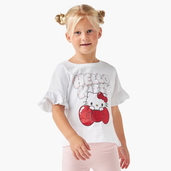 Sanrio Hello Kitty Print T-shirt with Ruffled Short Sleeves