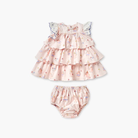 Juniors Cat Print Tiered Dress with Bloomers