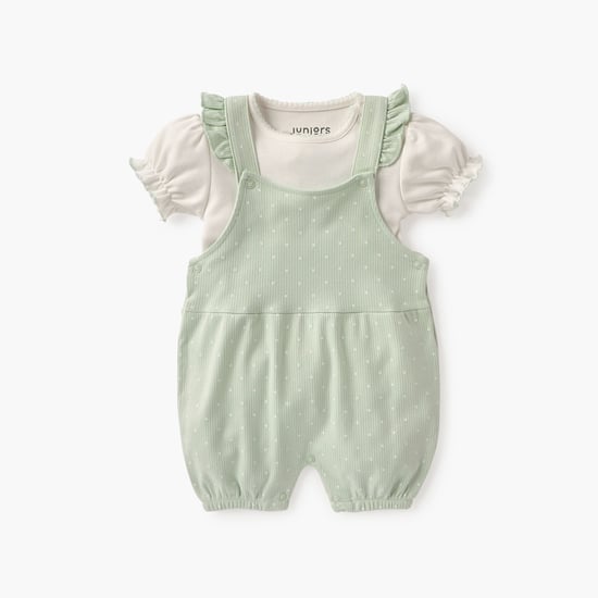 Juniors All-Over Polka Dot Print Dungaree and T-shirt Set