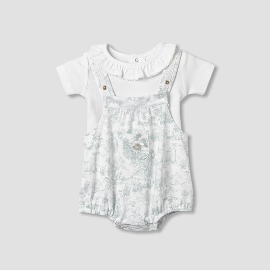 Giggles Floral Print Short Sleeves T-shirt and Dungaree Set