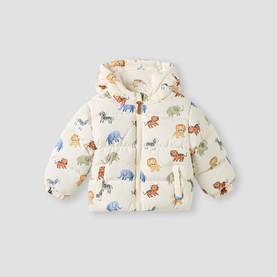 Juniors Animal Print Padded Puffer Jacket with Hood and Long Sleeves