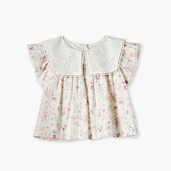 Giggles Floral Print Top with Ruffle Sleeves and Schiffli Detail