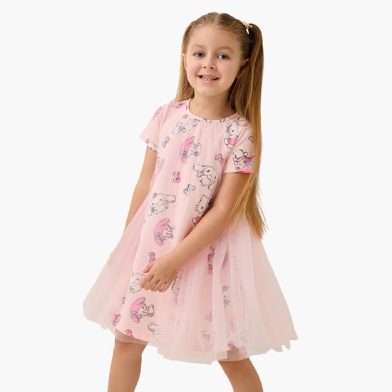 Hello Kitty Print Overlay Dress with Short Sleeves