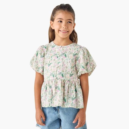 Juniors Floral Print Peplum Top with Round Neck