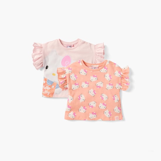 Hello Kitty Print T-shirt with Ruffle Sleeves - Set of 2