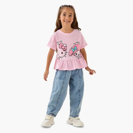 Juniors Hello Kitty Print Peplum Top and Jeans Set