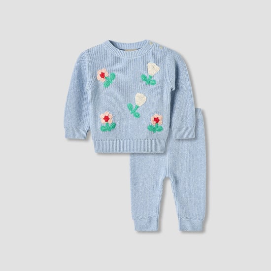 Juniors Floral Embroidered Sweater with Pants Set