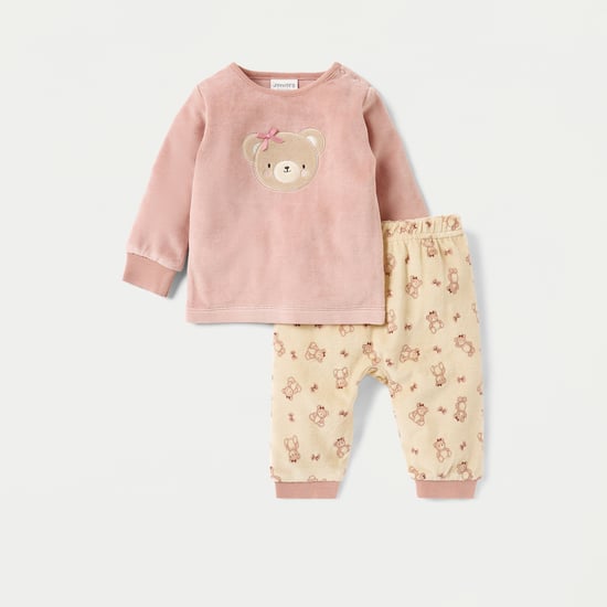 Juniors Bear Applique Velour T-shirt and Pyjama Set