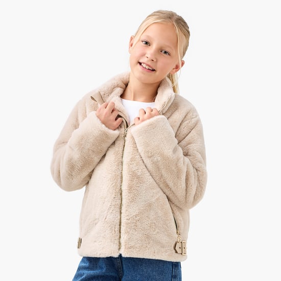 Juniors Plush Zip Through Jacket with Long Sleeves