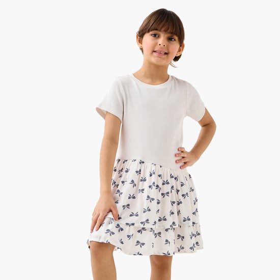 Juniors Bow Print Drop Waist Dress with Short Sleeves