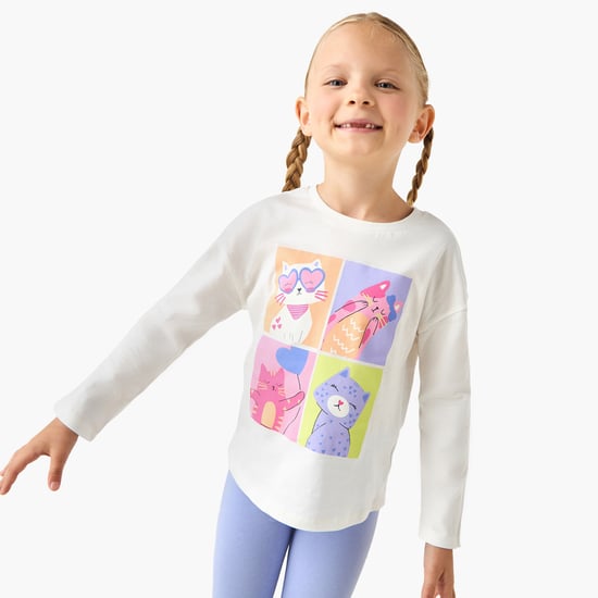 Juniors Cat Print T-shirt with Long Sleeves