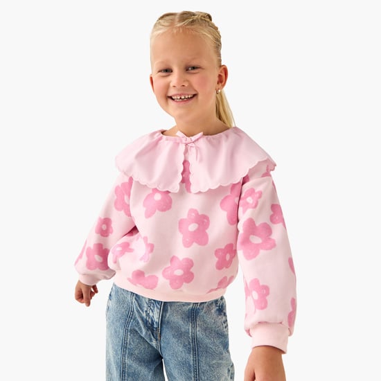 Juniors Floral Print Sweatshirt with Peter Pan Collar