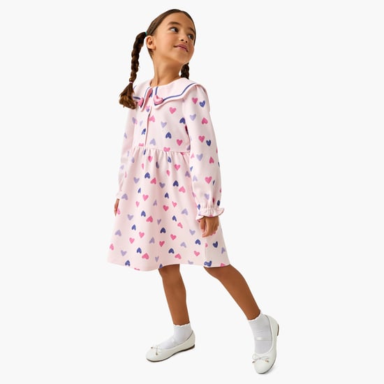 Juniors Heart Print A-line Dress with Sailor Collar