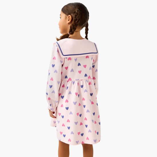 Juniors Heart Print A-line Dress with Sailor Collar