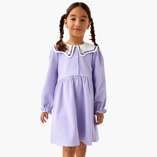 Juniors Floral Applique A-line Dress with Sailor Collar