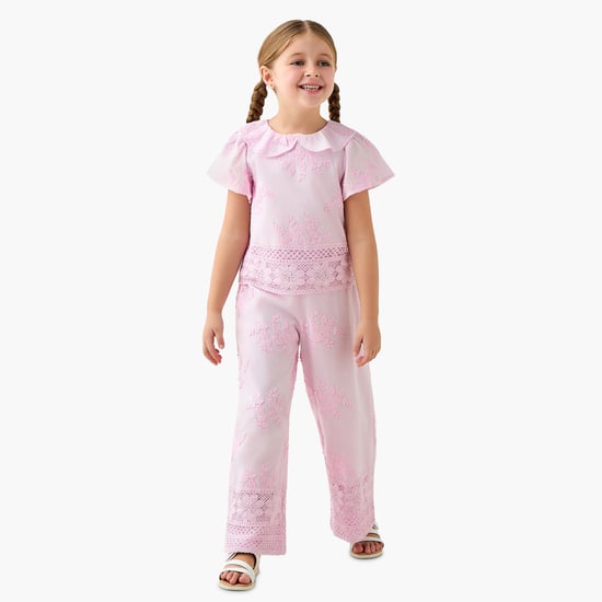 Juniors Floral Embroidered Top and Pants Set