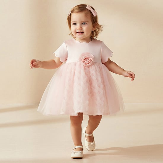Juniors Flower Applique Dress with Scalloped Neck