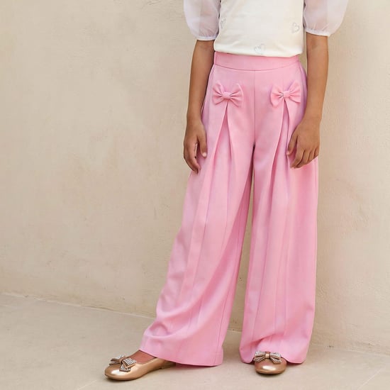 Juniors Solid Trousers with Bow Applique