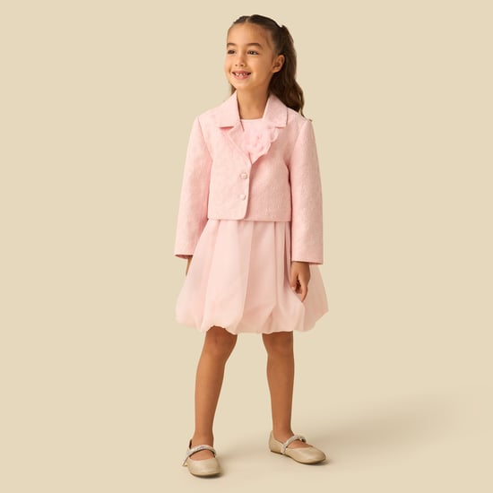 Juniors Balloon Dress with Floral Textured Blazer