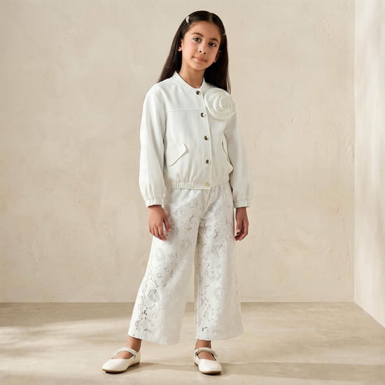 Juniors Flower Applique Jacket and Pants Set with Lace Detail