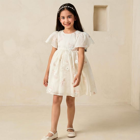 Juniors Floral Embroidered Dress with Zip Closure | Cream Juniors Floral Embroidered Dress with Zip Closure | Cream