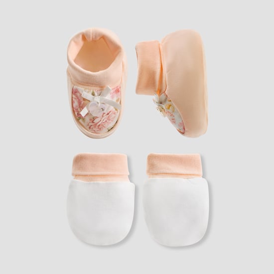 Giggles Floral Print Booties And Mittens Set