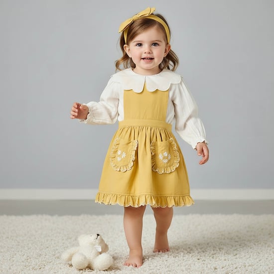 Giggles Embroidered Pinafore Dress and Top Set with Headband