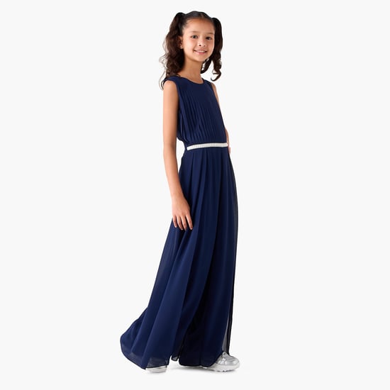 Juniors Pleated Jumpsuit with Zip Closure
