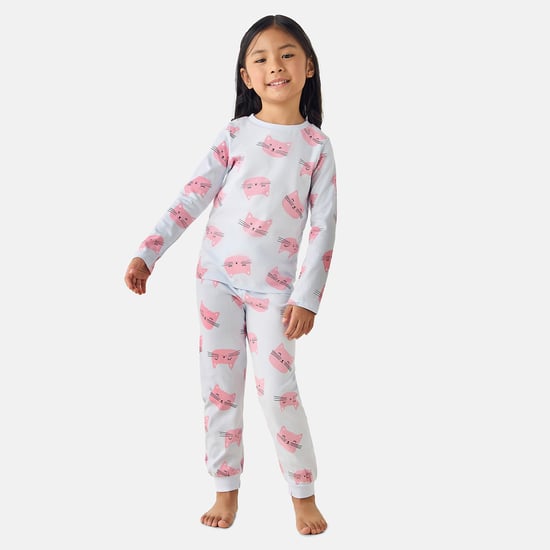 Juniors Cat Print Long Sleeves T-shirt and Pyjama Set