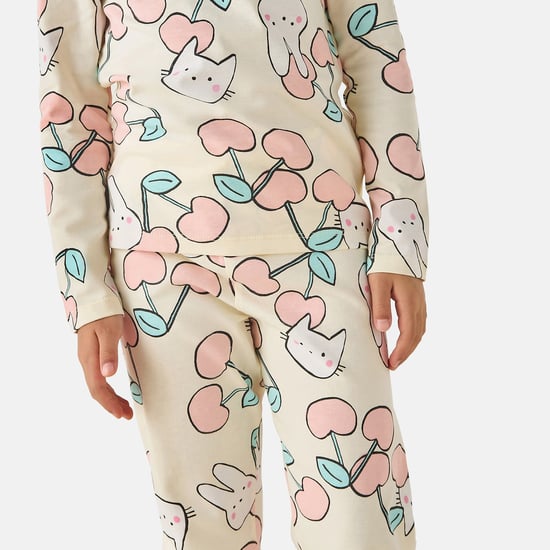 Juniors Cherry Print Long Sleeves T-shirt and Pyjama Set