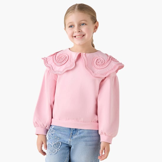 Juniors Ruffle Overlay Sweatshirt with Button Closure