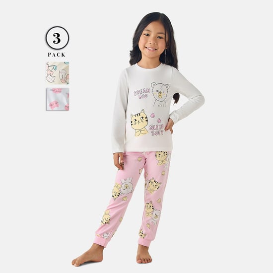Juniors Graphic Printed Long Sleeves T-shirt and Pyjama - Set of 3