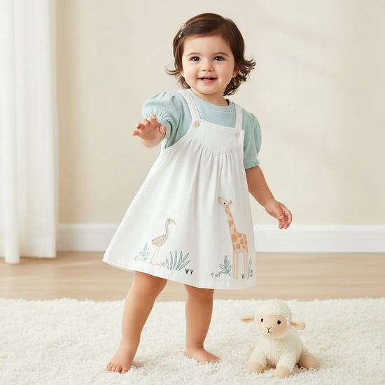 Juniors Embroidered Pinafore Dress and Top Set