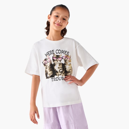 Juniors Cat Print T-shirt