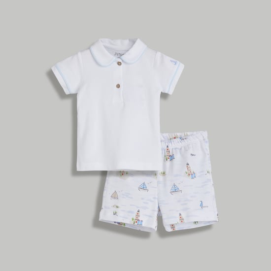 Juniors Solid Polo & Printed Shorts Set