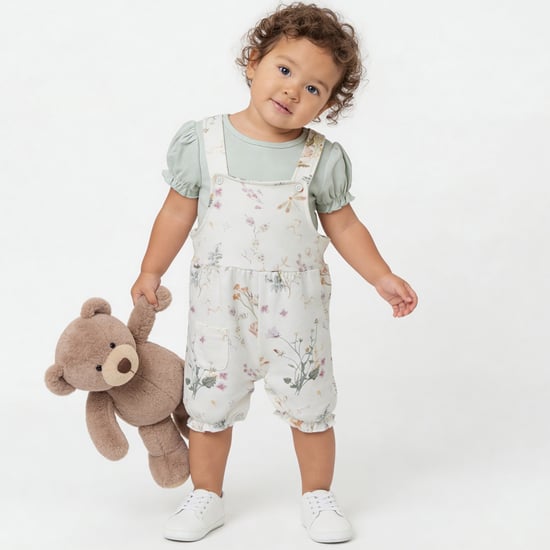 Juniors Floral Print Dungaree and T-shirt Set