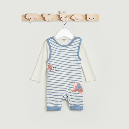 Juniors Solid T-shirt and Striped Dungaree Set