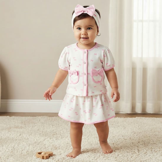 Juniors Bow Print Top and Skirt Set with Headband