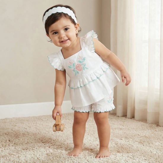 Giggles Embroidered Top and Shorts Set with Headband