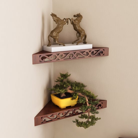 HOME SPARKLE Set of 2 Corner Wall Shelves - Brown