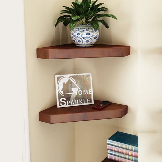 HOME SPARKLE Set of 2 Corner Wall Shelves - Brown
