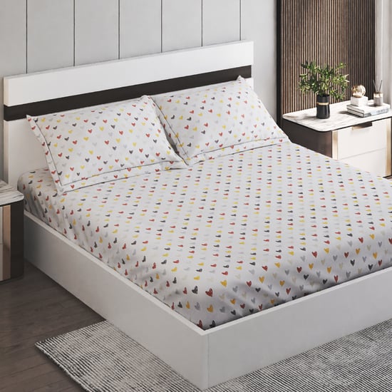 Slate Kids Hearts Cotton 150TC Printed 3Pcs Queen Bedsheet Set
