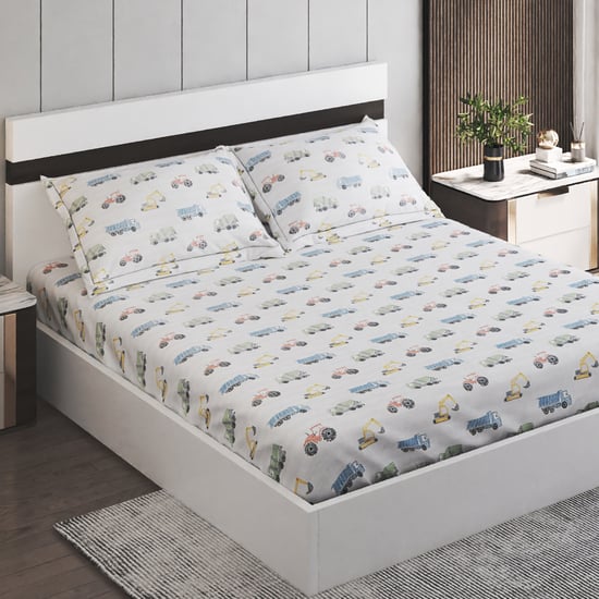 Slate Kids Trucksdiggers Cotton 150TC Printed 3Pcs Queen Bedsheet Set