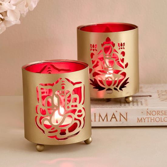 Corsica Nahar Curio Set of 2 Glass Lakshmi and Ganesha T-Light Holders